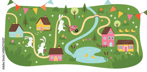 Cute Easter Egg hunt design, map for children, hand drawn with cute bunnies, eggs and decorations - great for invitations, banners, wallpapers - vector
