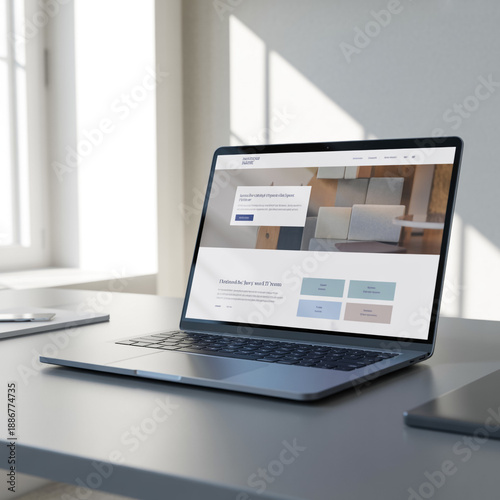 Modern laptop displaying a website on a desk in a bright, sunlit office with natural light from a window.