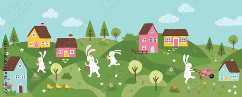 Cute Easter Egg hunt design, map for children, hand drawn with cute bunnies, eggs and decorations - great for invitations, banners, wallpapers - vector