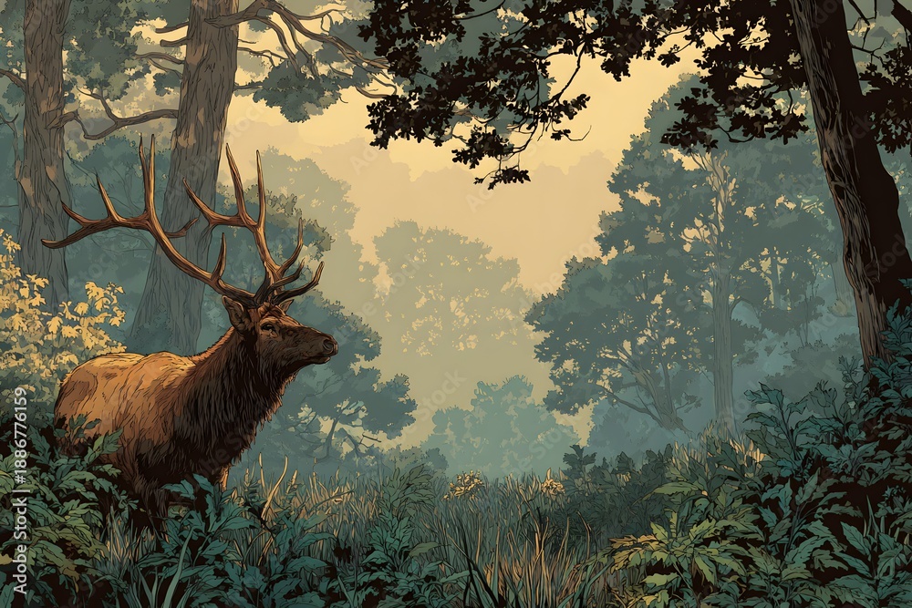 Naklejka premium Elk in a woodland gap showing wild nature perfect for outdoor ads and learning materials