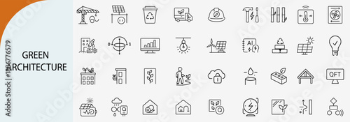 Green architecture and sustainable building line icons set for eco construction