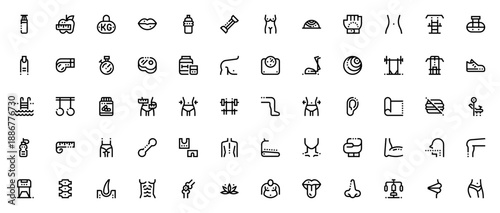 Body and Fitness icon set. Vector fitness symbols collection. Includes gym, yoga, boxing, protein, weightlifting, dumbbell, treadmill, scale, stopwatch and more. Editable stroke.