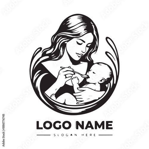 Mother Feeding Baby Maternity Care Logo Illustration in Black and White
