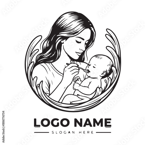 Mother Feeding Baby Maternity Care Logo Illustration in Black and White
