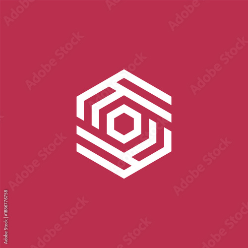 Geometric hexagon logo in white on a red background, abstract and modern design for a brand identity