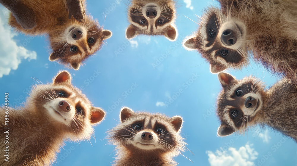Fototapeta premium Group of curious raccoons looking downward under a blue sky