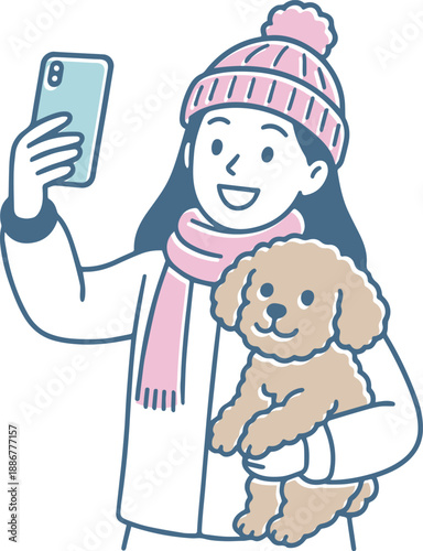 冬服で愛犬（トイプードル）を抱っこして自撮りをする女性のイラスト（SNS・ペット・散歩・冬の外出）