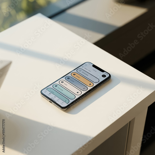 Mobile phone showcasing a smart home control panel app with distinct icons and colored buttons on a white desk.