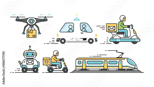 Future Delivery Solutions: A futuristic graphic illustrates diverse modes of transport for package delivery, including a drone, self-driving vehicle, scooter, robot, and high-speed train.