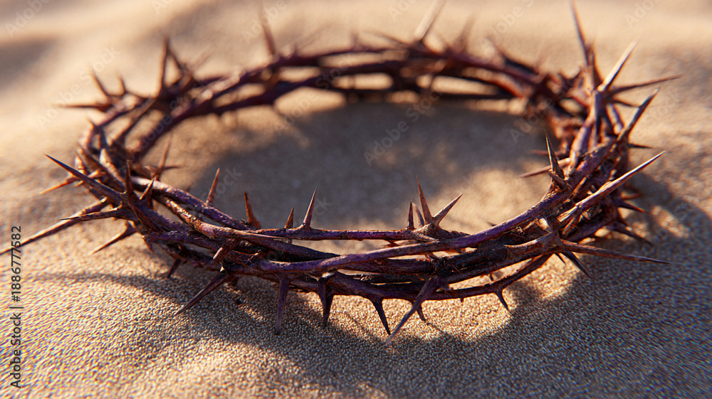Fototapeta premium The crown of thorns of Jesus Christ on the sand. A crown of thorns on the rocks in the desert.
