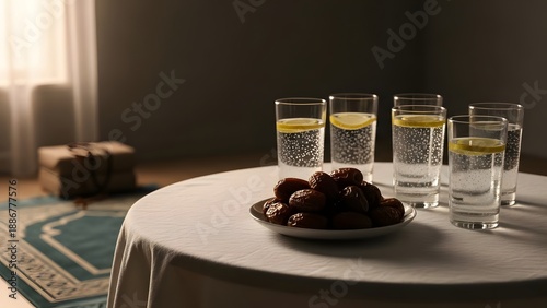 Table set for breaking fast during ramadan with dates and lemon water glasses