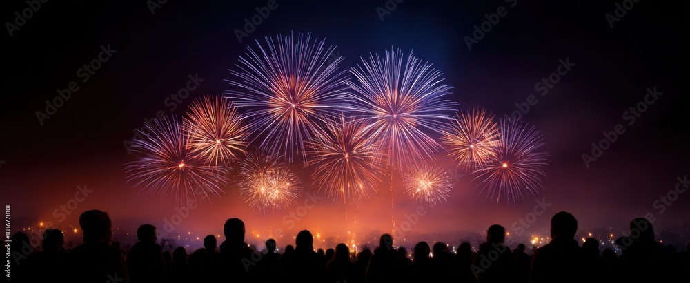 Fototapeta premium The crowd gasps in awe as fireworks burst joyfully in the night sky.