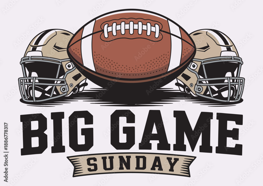 Naklejka premium Football helmets and football, Big Game Sunday text vector, sports illustration, American football, game day celebration, fan excitement, white background graphic