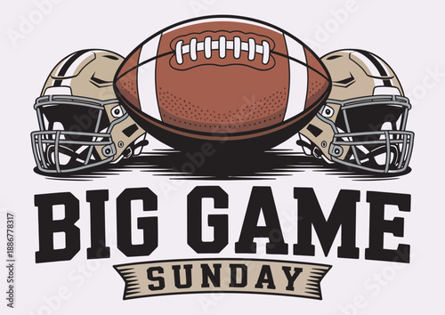 Football helmets and football, Big Game Sunday text vector, sports illustration, American football, game day celebration, fan excitement, white background graphic