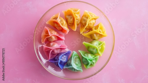 Colorful Dumplings on a Pink Background with Soft Lighting for Culinary and Food Photography Marketing