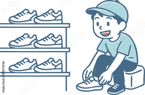 玄関で靴を履く男の子のイラスト（自立・お出かけ・育児・生活習慣・下駄箱）