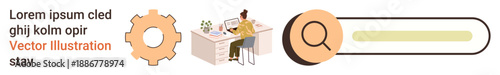 Business operations, workplace productivity, digital research, user interface design, analytics, search tools. Person working at a desk with gear icon and a search bar. Business operations