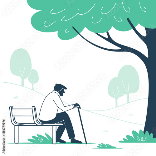 Elderly man sitting on bench with cane under tree in park  