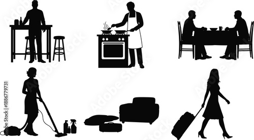 Daily home life silhouette icon set showing cooking dining cleaning relaxing and travel activities isolated black vector figures