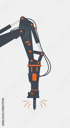 Industrial Hydraulic Breaker Attachment On Excavator Arm Demolition Tool Equipment Vector Graphic