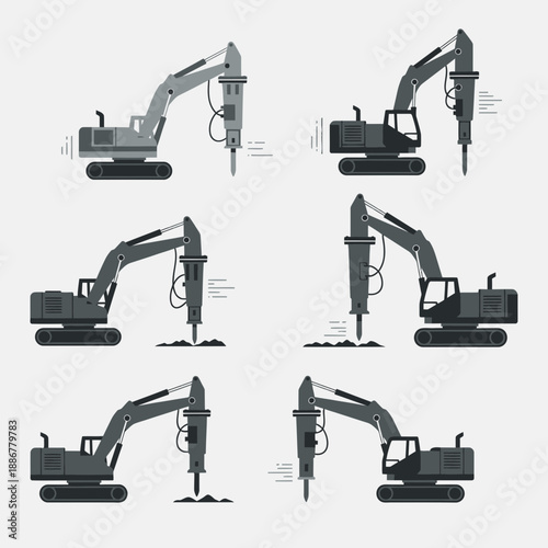 Industrial Hydraulic Breaker Excavator Machines Set For Demolition And Construction Projects