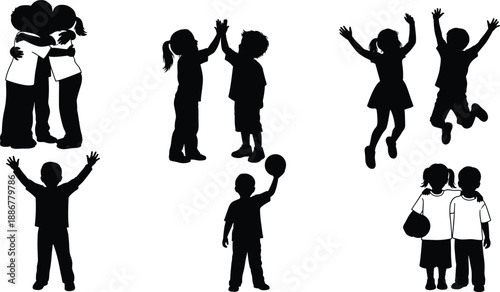 Children silhouette icon set showing kids hugging high five jumping playing ball friendship joy isolated black vector figures