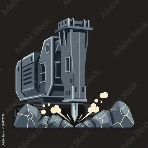 Industrial Hydraulic Breaker Demolishing Hard Rock Construction Site Work Vector Art