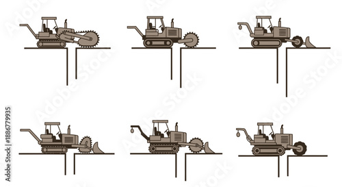 Industrial Trenching Equipment Performing Ground Work Sequence Isolated Flat Illustration