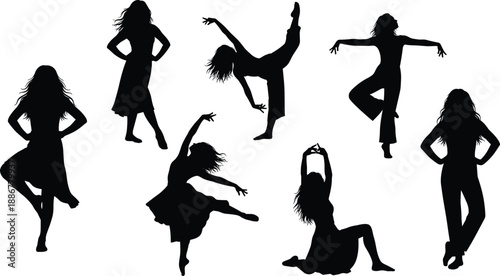 Woman dance silhouette icon set featuring female dancer poses ballet contemporary movement artistic expression isolated black vector figures