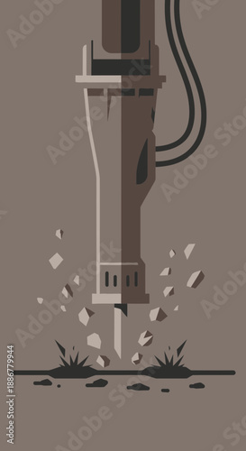 Industrial Jackhammer Actively Breaking Concrete Surface Creating Flying Debris Vector Artwork