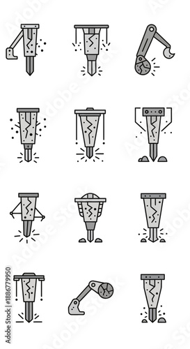 Industrial Jackhammer And Excavation Equipment Vector Icons Collection For Diverse Projects