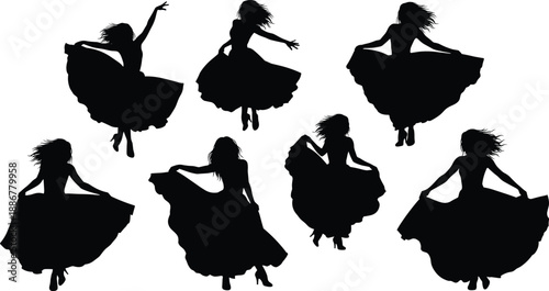 Flamenco dance silhouette icon set featuring female dancer swirling dress poses traditional Spanish movement isolated black vector figures