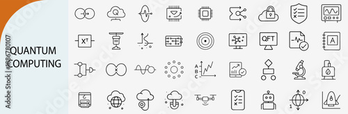 Quantum computing and advanced technology line icons set for science