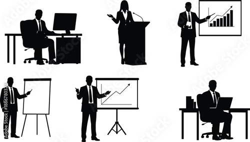 Business presentation silhouette icon set showing professional people working speaking and presenting charts in corporate office isolated black vector figures