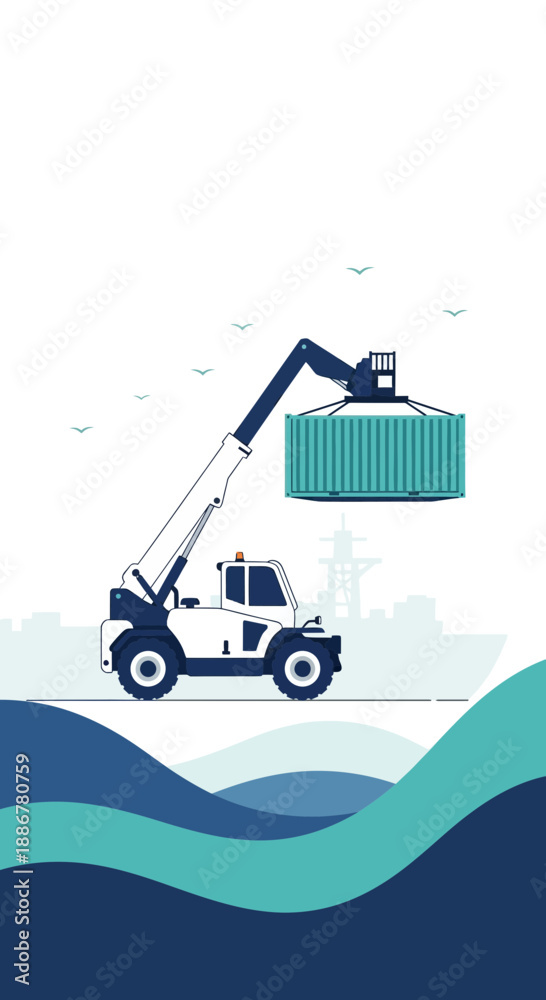 Fototapeta premium Industrial Reach Stacker Lifts Container At Port For Global Shipping Logistics