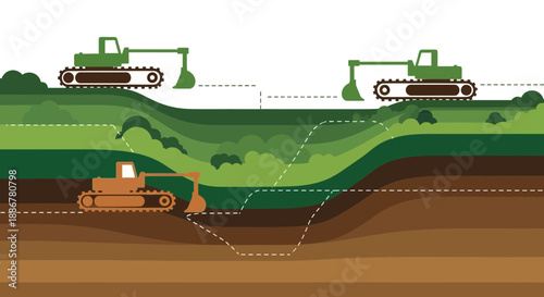 Large Scale Earth Moving Operation With Heavy Duty Excavators At Construction Site