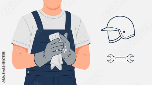 Mechanic Cleaning Hands After Repair Work On Automotive In Garage Vector Illustration