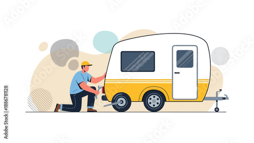 Mechanic Repairing A Recreational Vehicle For An Outdoor Adventure Vacation Trip