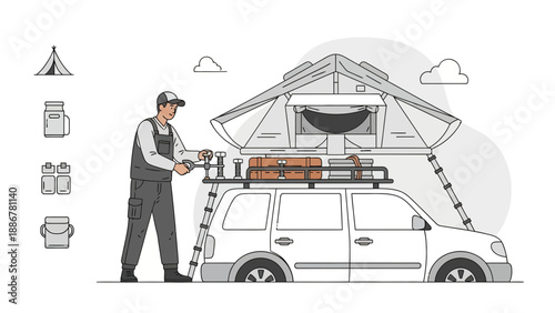 Mechanic Preparing Roof Tent On Car For Adventure Holiday Minimalist Vector
