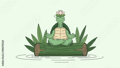 Meditative Turtle Resting In Lotus Position On Log Wearing Water Lily