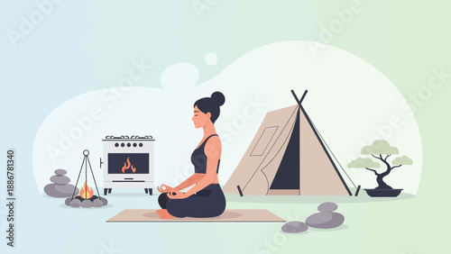 Meditative Woman In Natural Outdoors Retreat Setting For Wellness Promotion