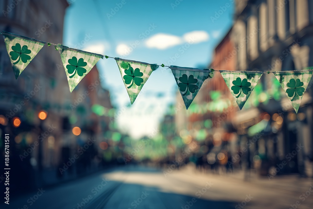 Naklejka premium st patrick s day decorations on a city street with blurred background