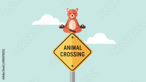 Mindful Fox Meditating On Top Of A Yellow Animal Crossing Road Sign