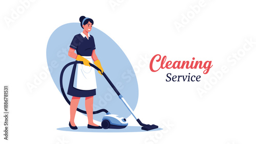 Professional female cleaner in a blue uniform using a vacuum cleaner to tidy a room with cleaning service text overlay.