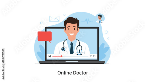 Professional male doctor providing medical consultation through a laptop screen as a modern online healthcare service provider.