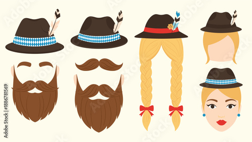Traditional German hats, beards, and female faces as decorative elements for Oktoberfest costumes and festive characters.