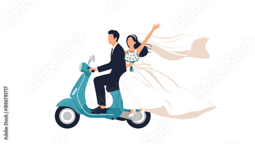 Happy bride and groom in traditional wedding attire riding a blue scooter with a flowing white veil behind them.