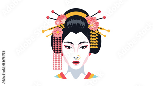 Traditional Japanese geisha portrait with intricate hairstyle and floral hair ornaments, capturing essence of classic beauty and culture.
