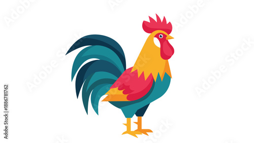 Rooster illustration with vibrant feathers standing on a white background, perfect for farm-themed designs and children storybooks.