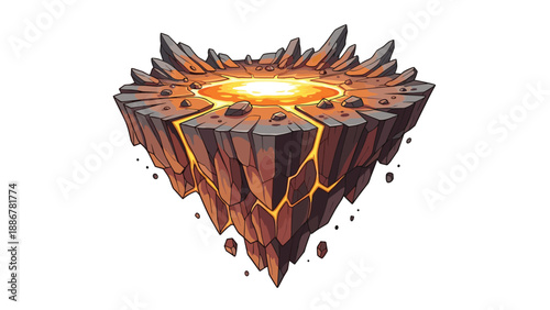 Floating lava island with glowing molten rock and jagged cliffs, creating a fantasy landscape for games and imaginative concept art projects.